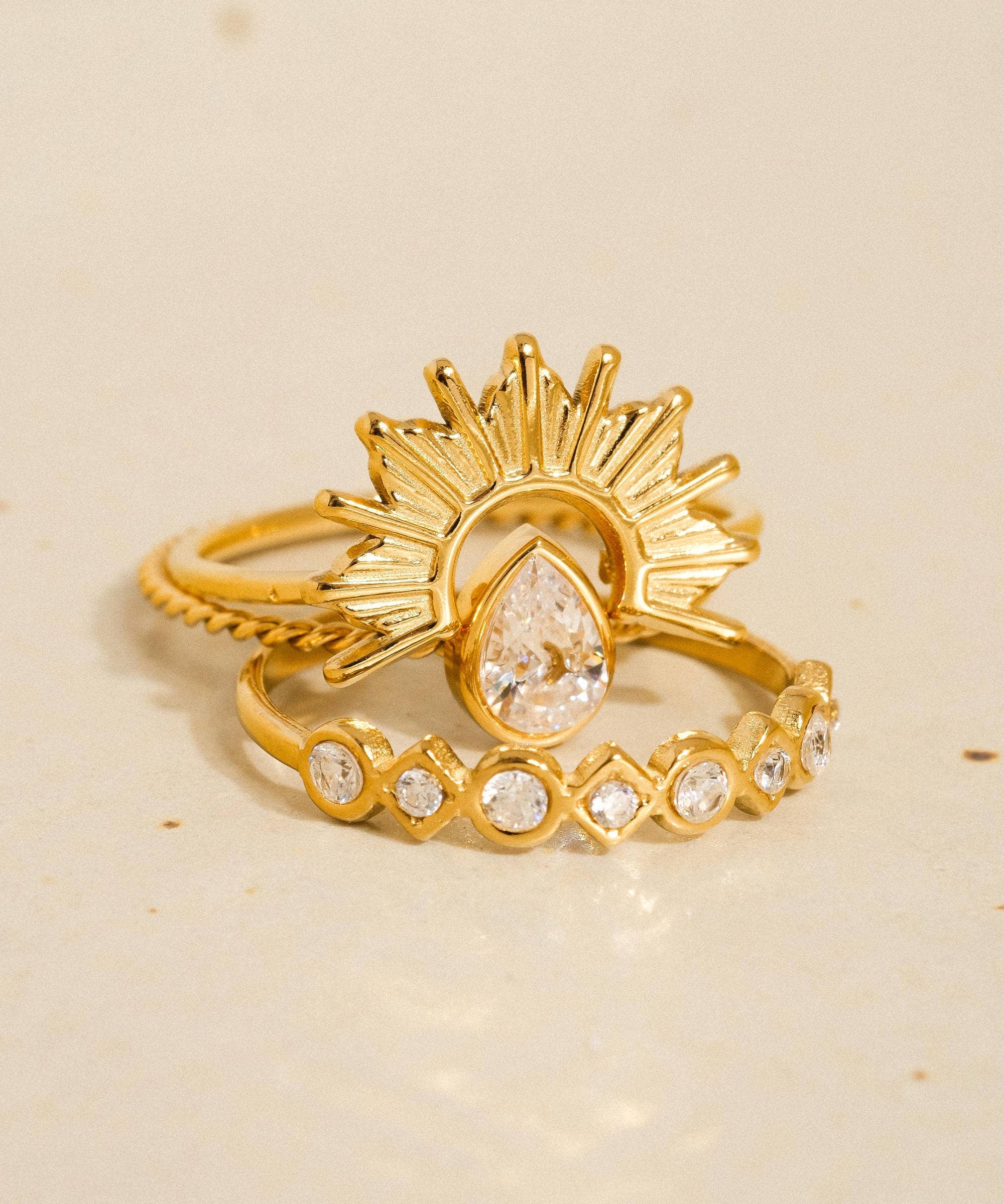 Françoise 18K Gold Non-Tarnish Sun Stone CZ Layered Ring