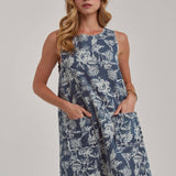 SLEEVELESS DENIM MINI DRESS WITH SCALLOPED EMBROIDERY DETAIL