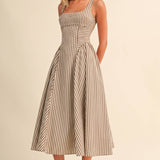 ID10390 STRIPED JUMBO BACK BUCKLE PIPING DETAIL MIDI DRESS