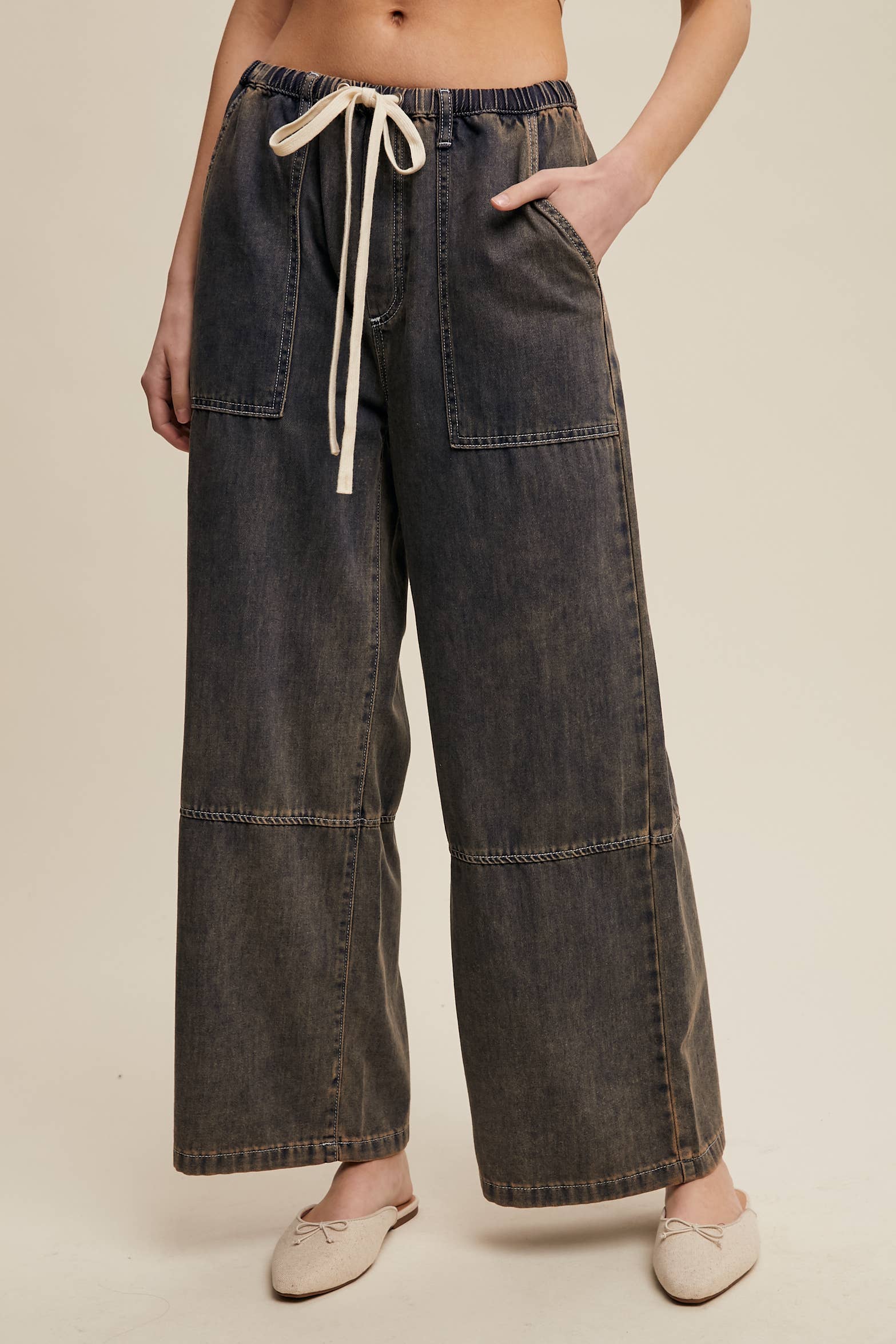 Wide-Leg Denim Drawstring Pants