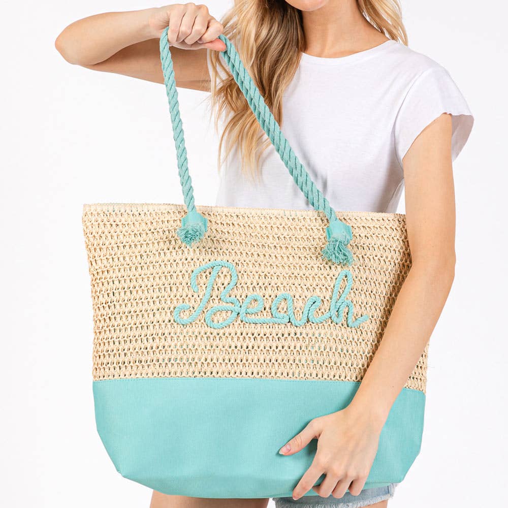 "Beach" Embroidered Crochet Tote Bag