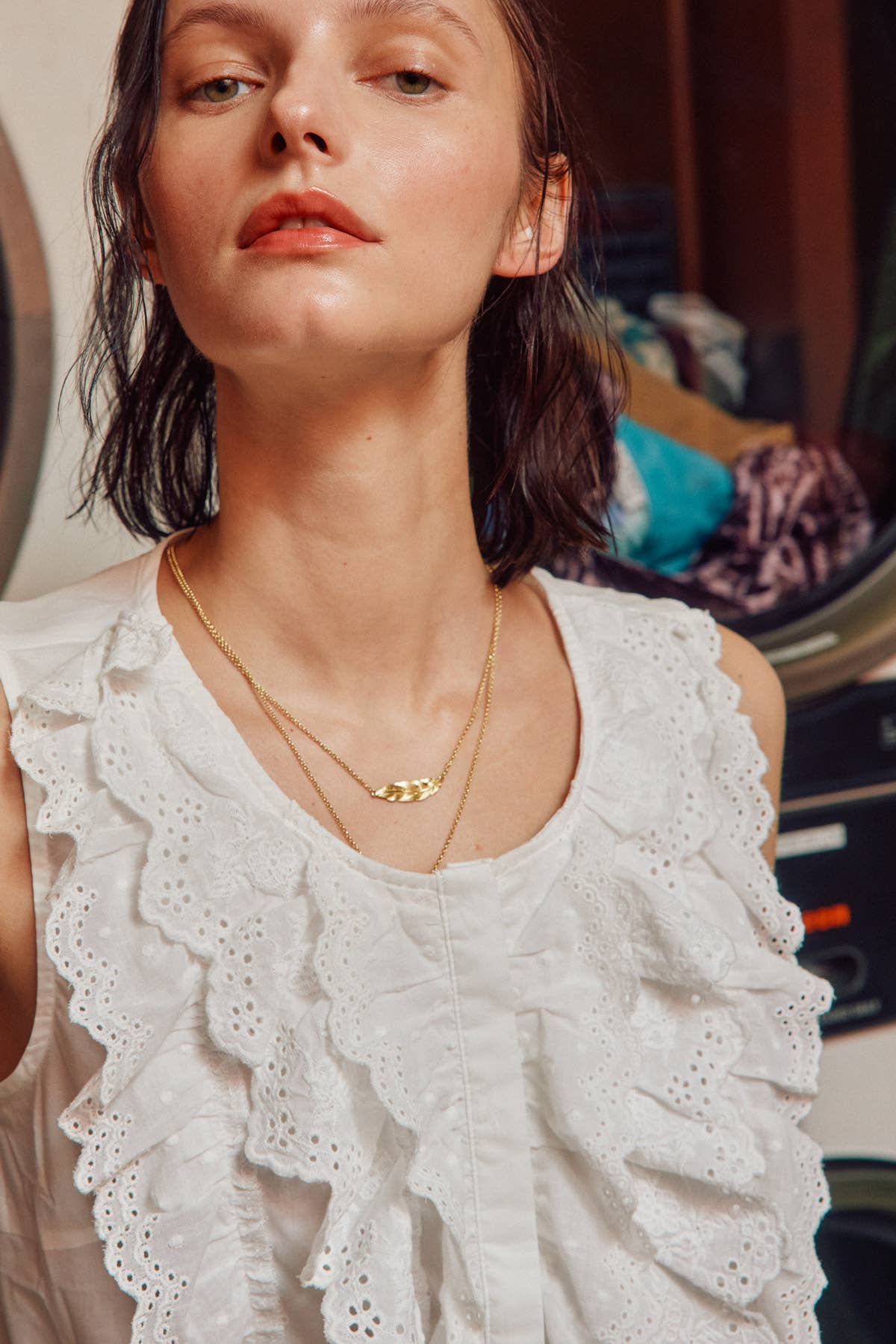Cotton Lace Trim Button Down Top