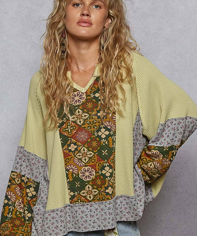 Print Panel Green Tea Knit Sweater