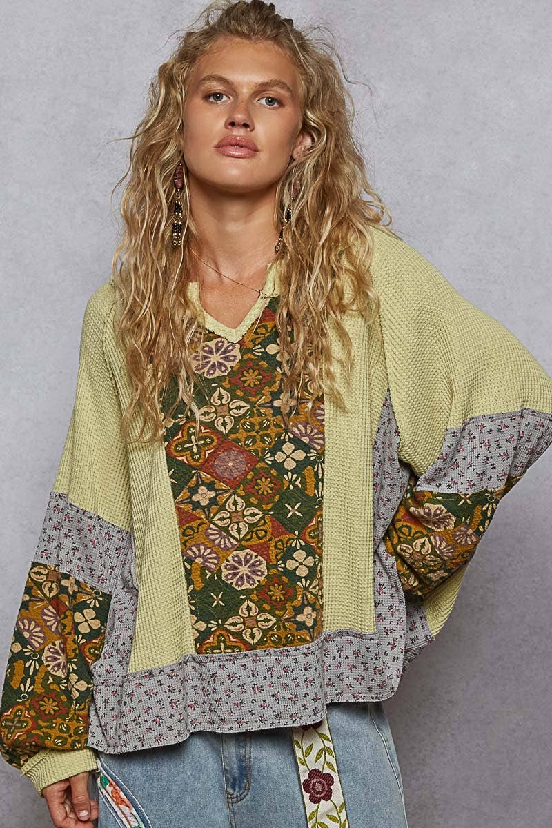 Print Panel Green Tea Knit Sweater