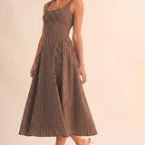 ID10390 STRIPED JUMBO BACK BUCKLE PIPING DETAIL MIDI DRESS