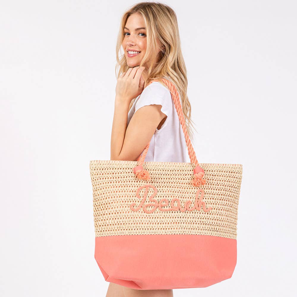 "Beach" Embroidered Crochet Tote Bag