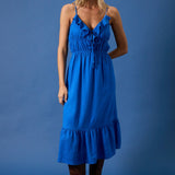 SLEEVELESS RUFFLES ON NECK LINE FIT & FLARE MIDI DRESS