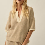 Striped Rib-Knit Collared Split-Neck Top