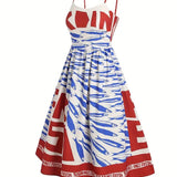 Mackerel print smocked sundress seaside ocean strap dress