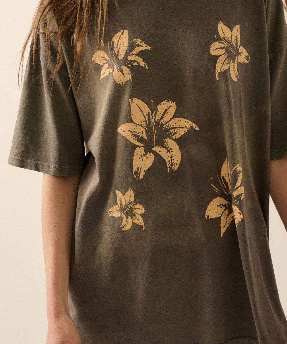 Lilies Vintage-Print Oversized Graphic Tee