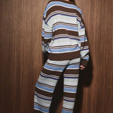CREW NECK MULTI STRIPE SWEATER WITH WIDE LEG PANTS