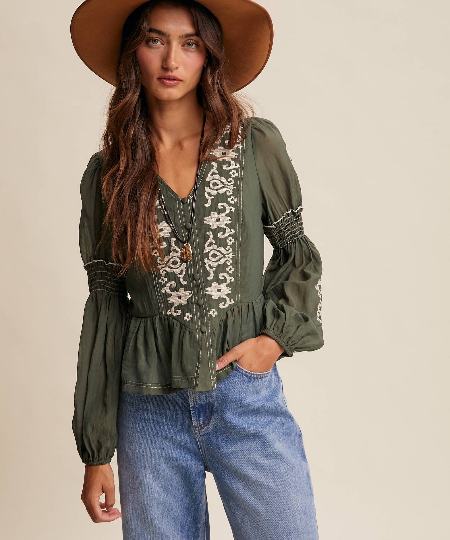 Embroidered Peplum Blouse