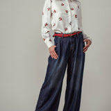 Pleated Wide-Leg Denim Pants