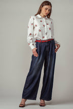 Pleated Wide-Leg Denim Pants