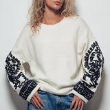 Embroidered Sleeve Ivory Knit Sweater