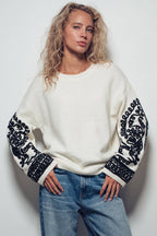Embroidered Sleeve Ivory Knit Sweater