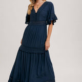 V-Neck Lace Trim Maxi Dress