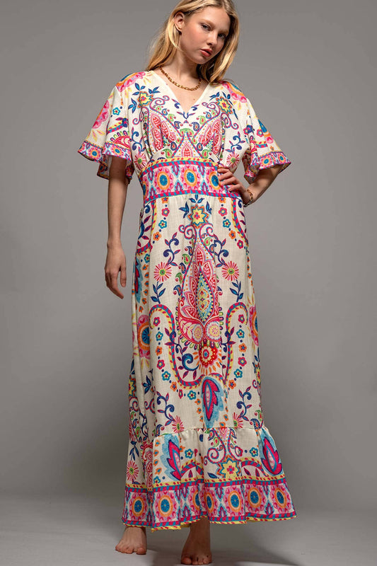 Oversized Paisley Flutter Sleeve Smocked Dress