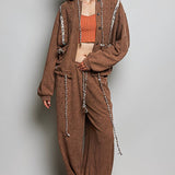 Vintage Washing Solid Laser Cut Thermal Knit Hoodies Top