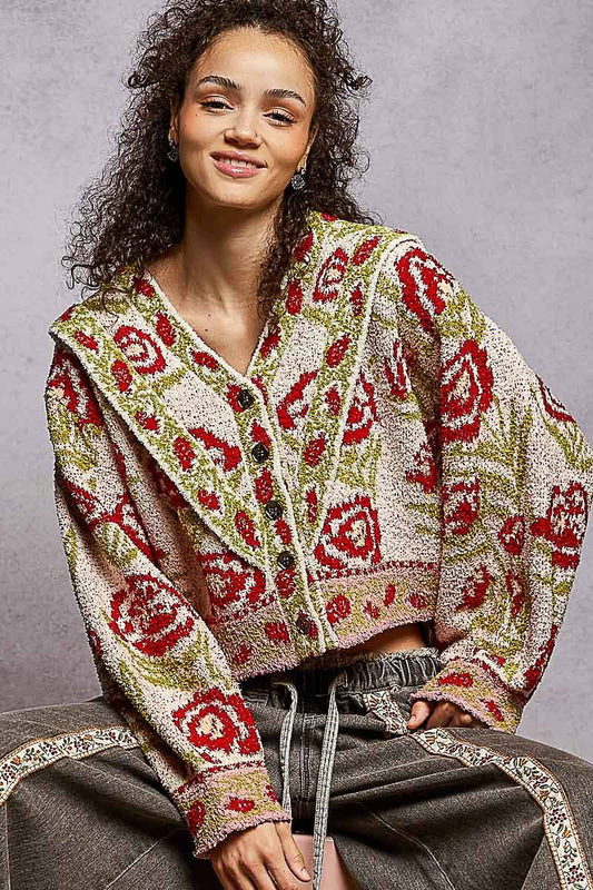 V-neck ruffles point floral Beber sweater cardigan top
