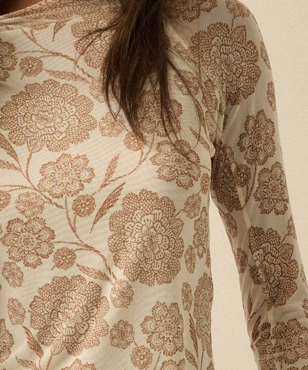 Floral-Print Mesh Mock-Neck Raglan Top