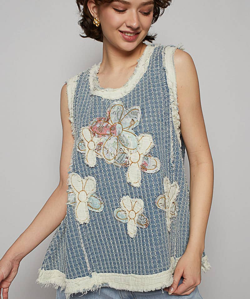 Sleeveless Denim Flower Patch Top