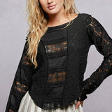 Long Sleeve Round Neck Lace Texture Knit Slim Fit Top