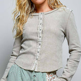 Vintage Washing Solid Metal Button Down Thermal Knit Top