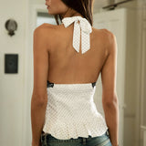 AMARA Polka Dot Contrast Lace Peplum Hem Halter Top