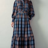 Plaid Belted Layered Button Down Balloon Sleeve Maxi Dress