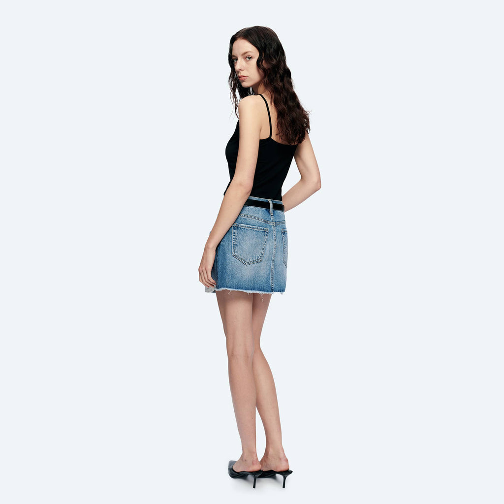 A-Line Denim Frayed Hem Mini Skirt