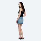 A-Line Denim Frayed Hem Mini Skirt