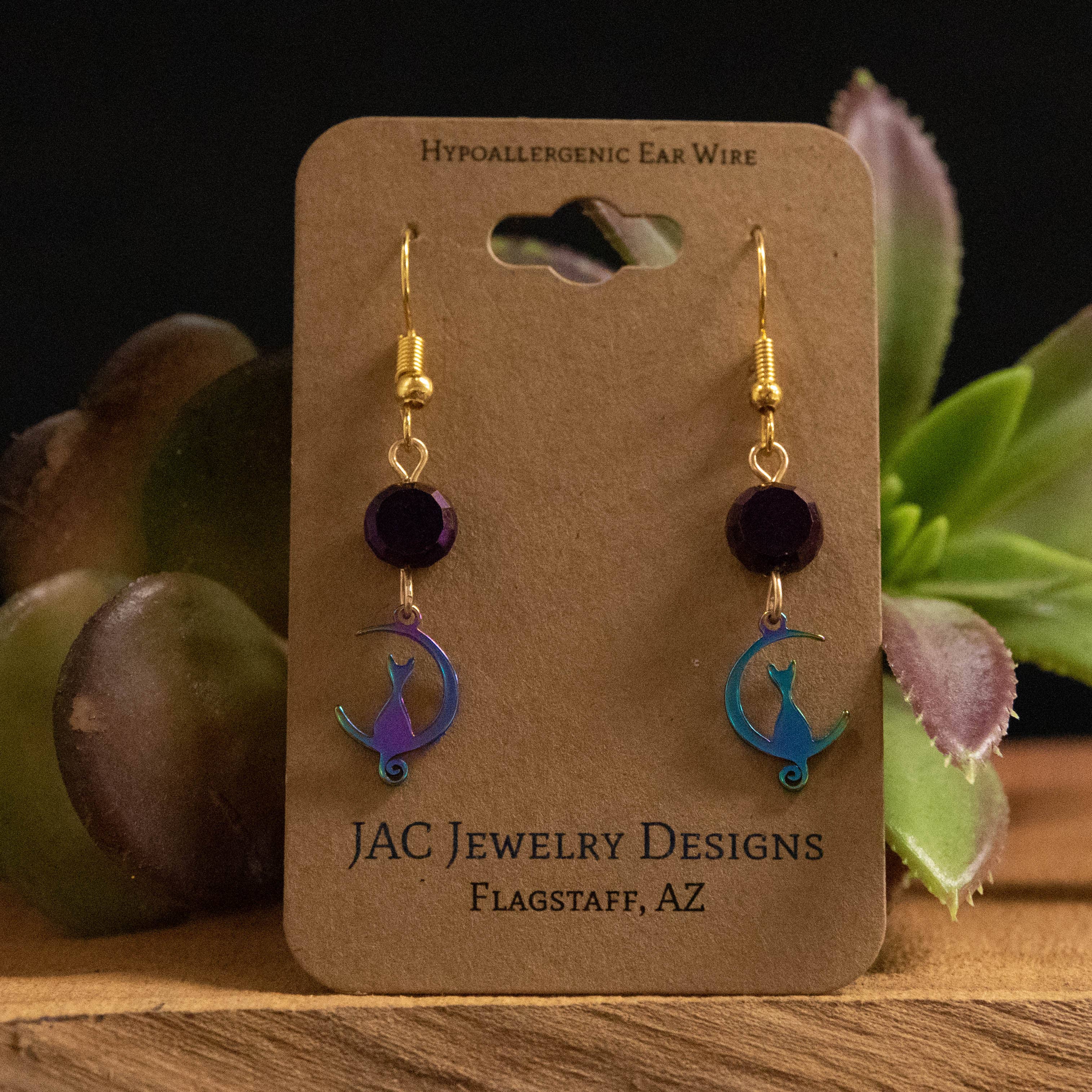 Rainbow Cat in the Moon Earrings