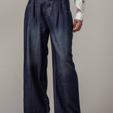 Pleated Wide-Leg Denim Pants