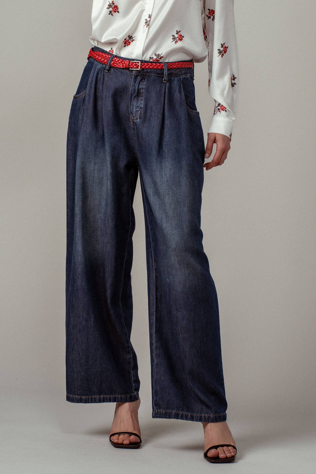 Pleated Wide-Leg Denim Pants