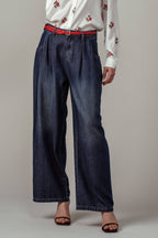 Pleated Wide-Leg Denim Pants