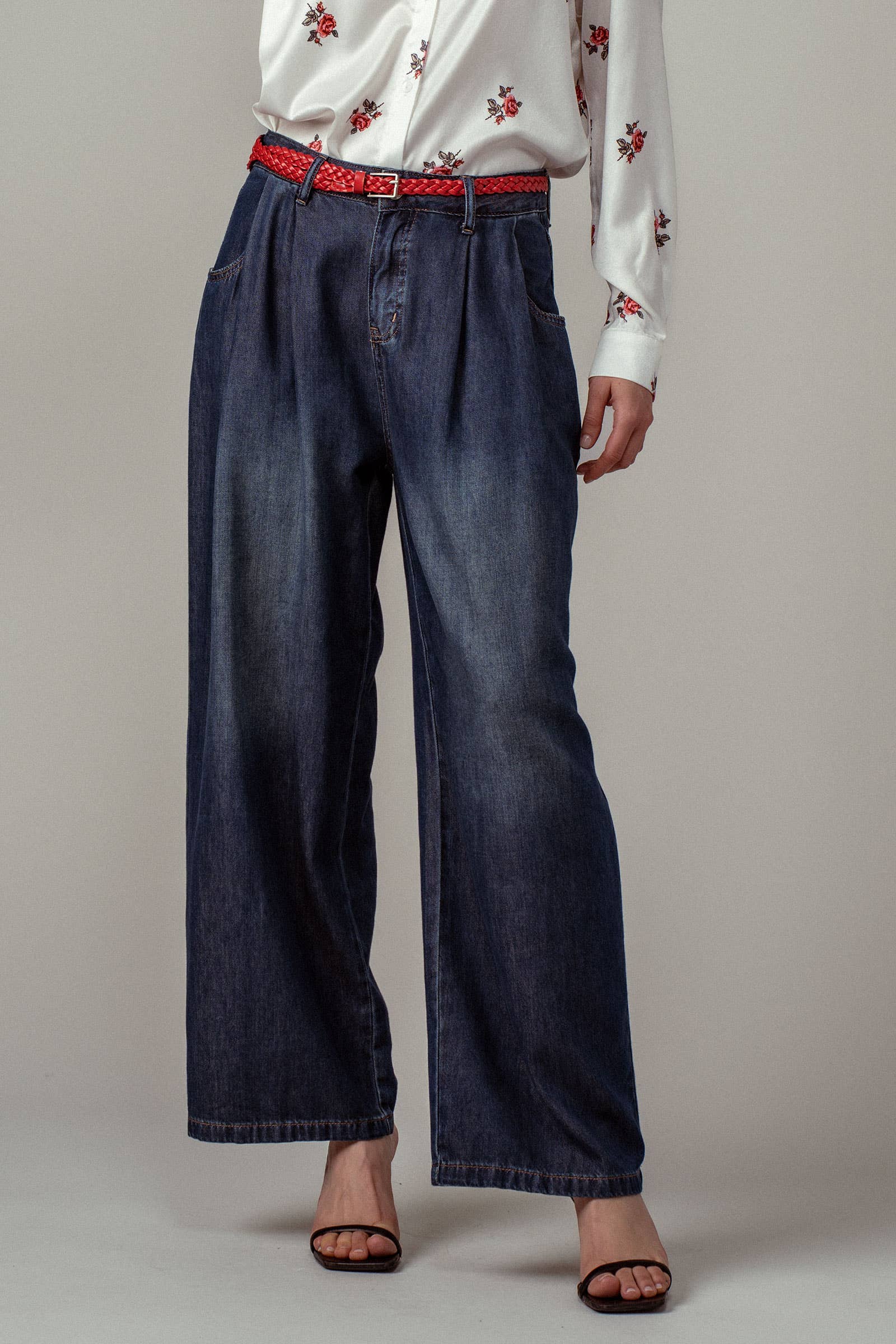 Pleated Wide-Leg Denim Pants