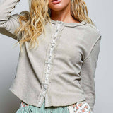 Vintage Washing Solid Metal Button Down Thermal Knit Top
