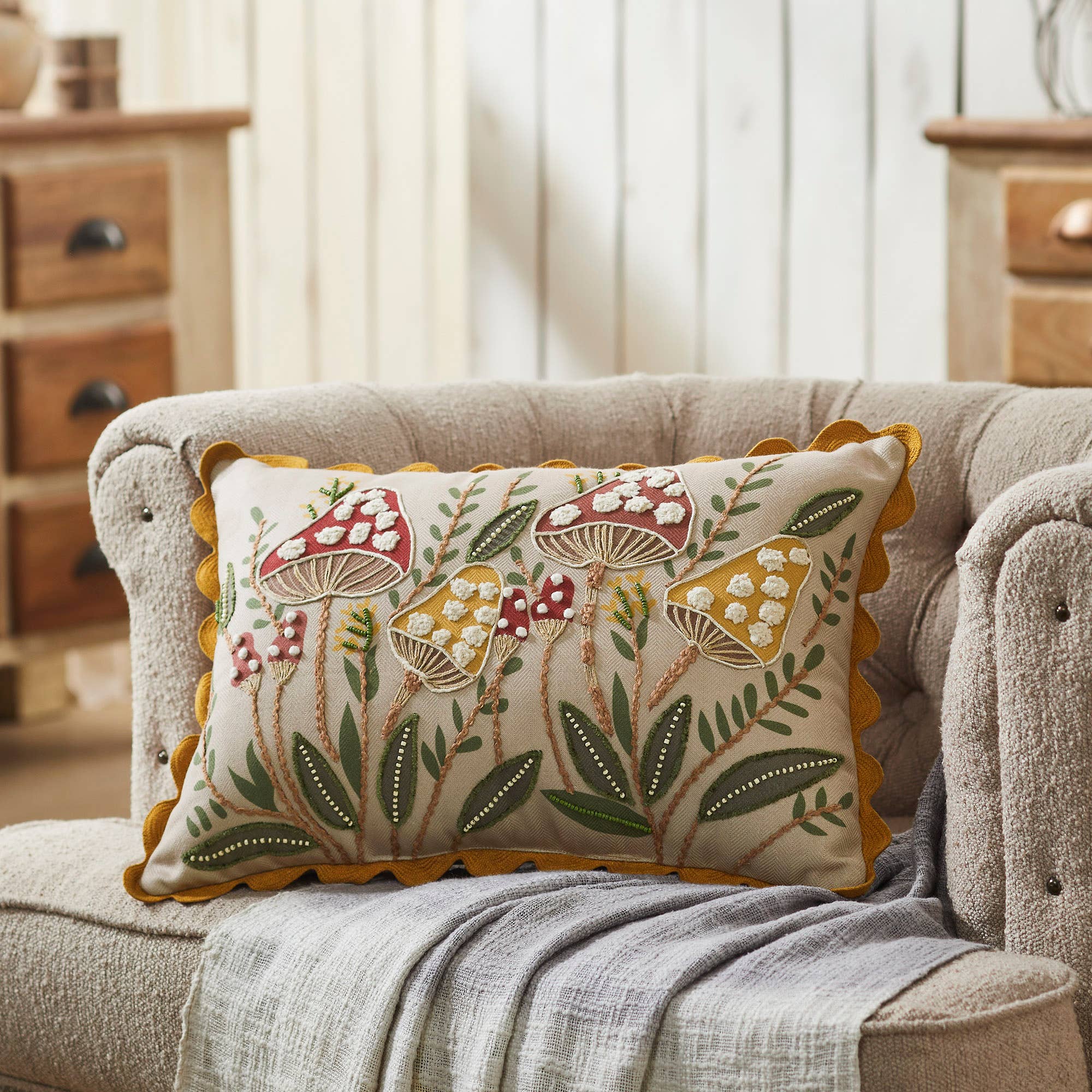 Embroidered Woodland Mushroom Lumbar Throw Pillow