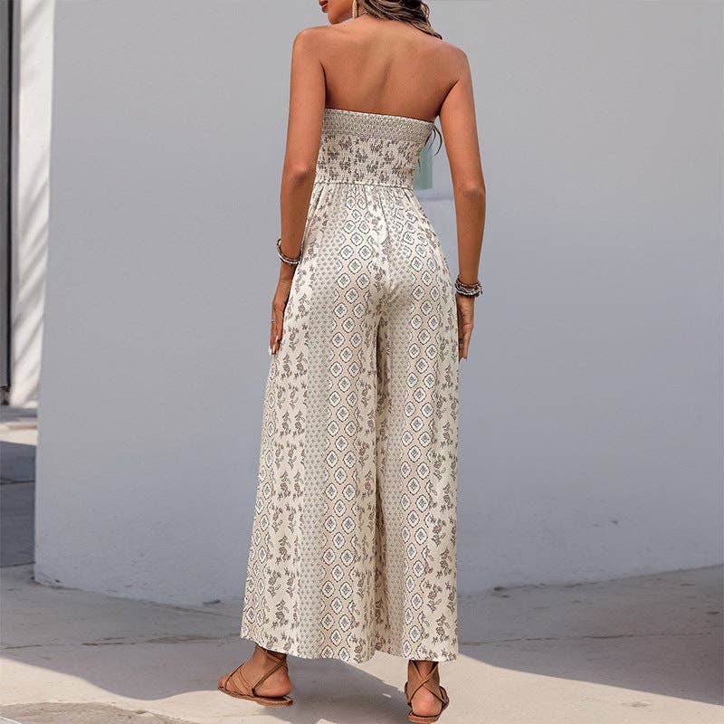 Smocked Tube Top Flare Leg Jumpsuit