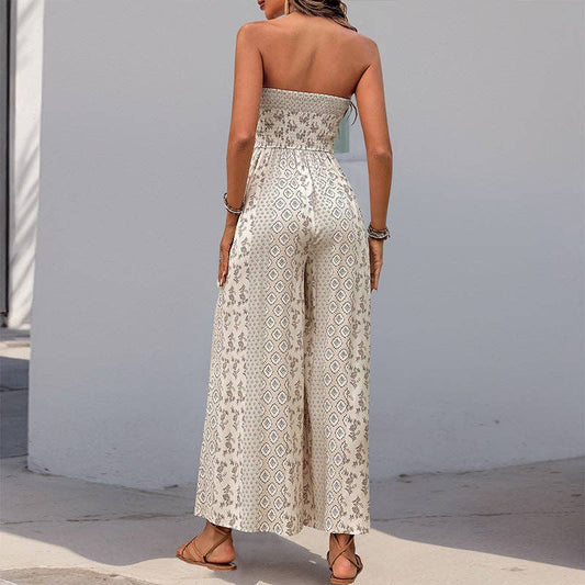 Smocked Tube Top Flare Leg Jumpsuit