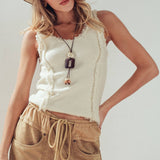 Frayed Trim Textured Knit Sleeveless Top