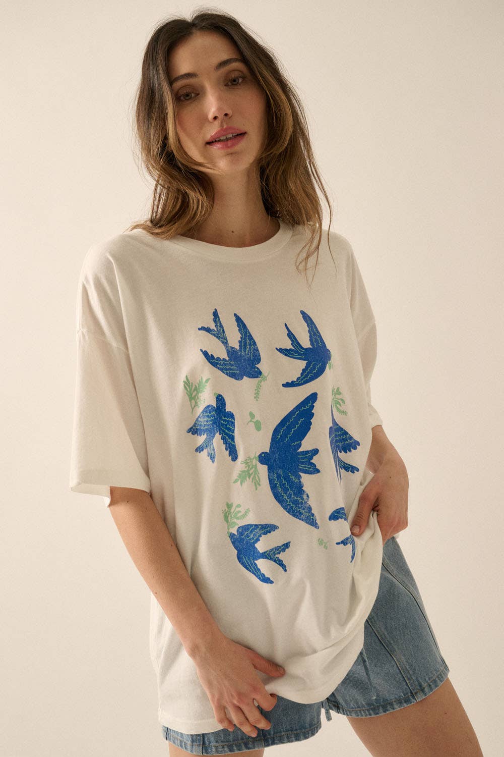 Vintage Blue Birds Oversized Graphic Tee