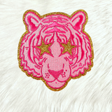 Small Hot Pink Tiger Gold Glitter Mascot with Star Eyes Embroidery Iron On Patch