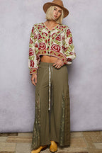 V-Neck Floral Ruffle Button Up Sweater