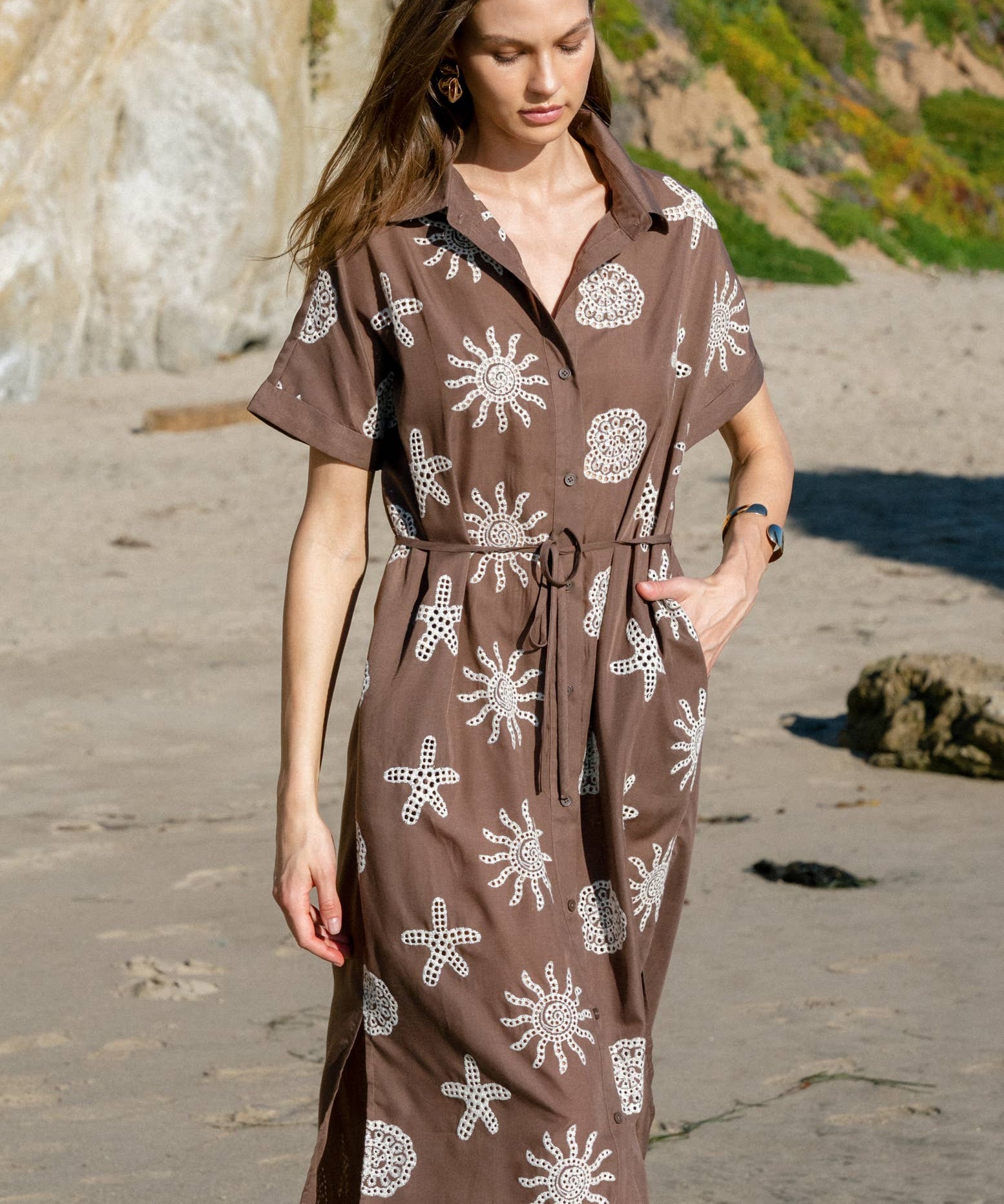 Embroidered Button Down Starfish Maxi Dress