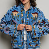 Embroidered Stand Collar & Contrast Trim Velvet Jacket