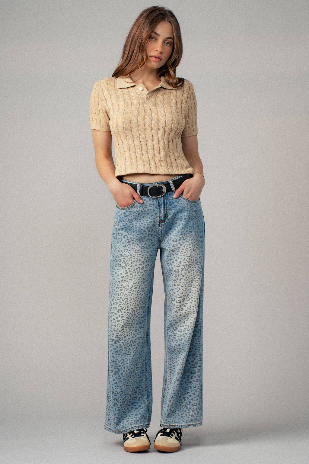 Leopard Print Wide-Leg Denim Pants