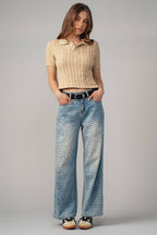 Leopard Print Wide-Leg Denim Pants