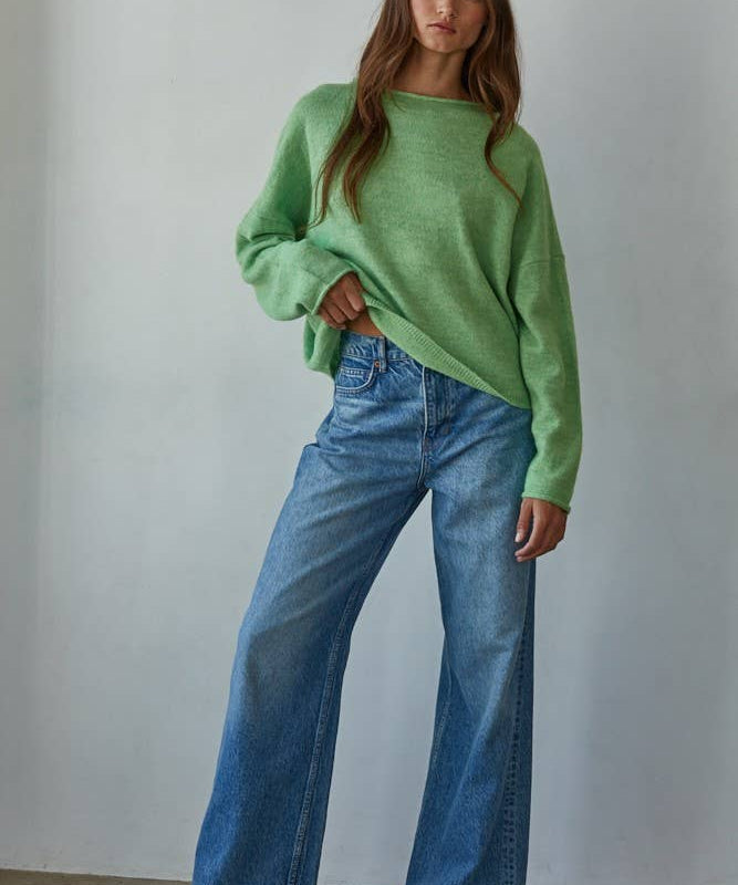 W2114 | Knit Sweater Rolled Round Neck Pullover Top